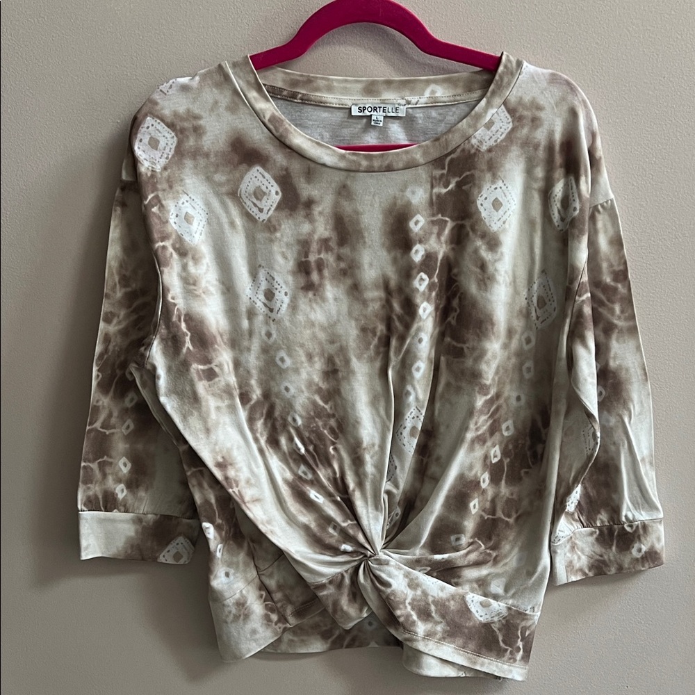 Sportelle Tan & Cream Twist-Front Long Sleeve Top 3/4 Sleeves Size Large